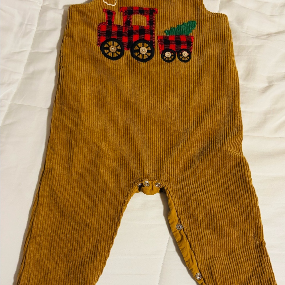 Mud Pie Mustard Corduroy Bodysuit with Train Design